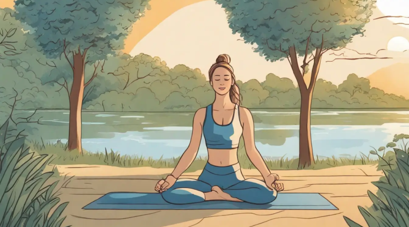 Mulher praticando yoga ao ar livre em parque tranquilo, representando hábitos saudáveis para uma vida equilibrada.